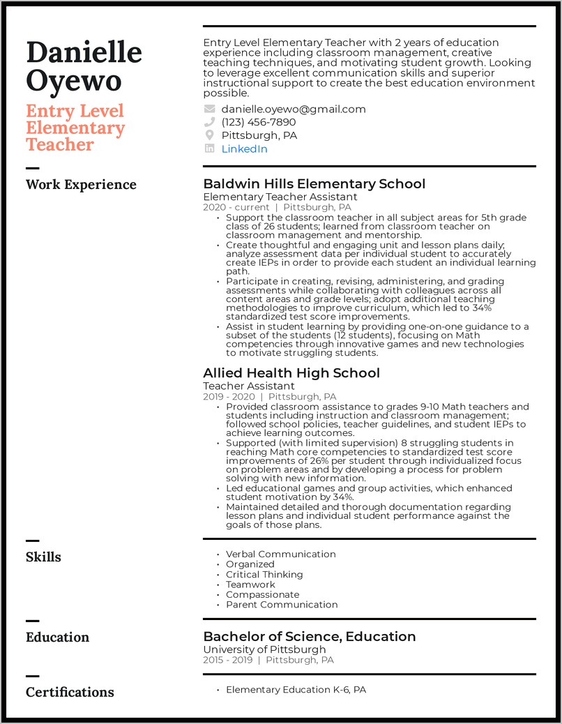 Elementary Teaching Resume Objective Examples