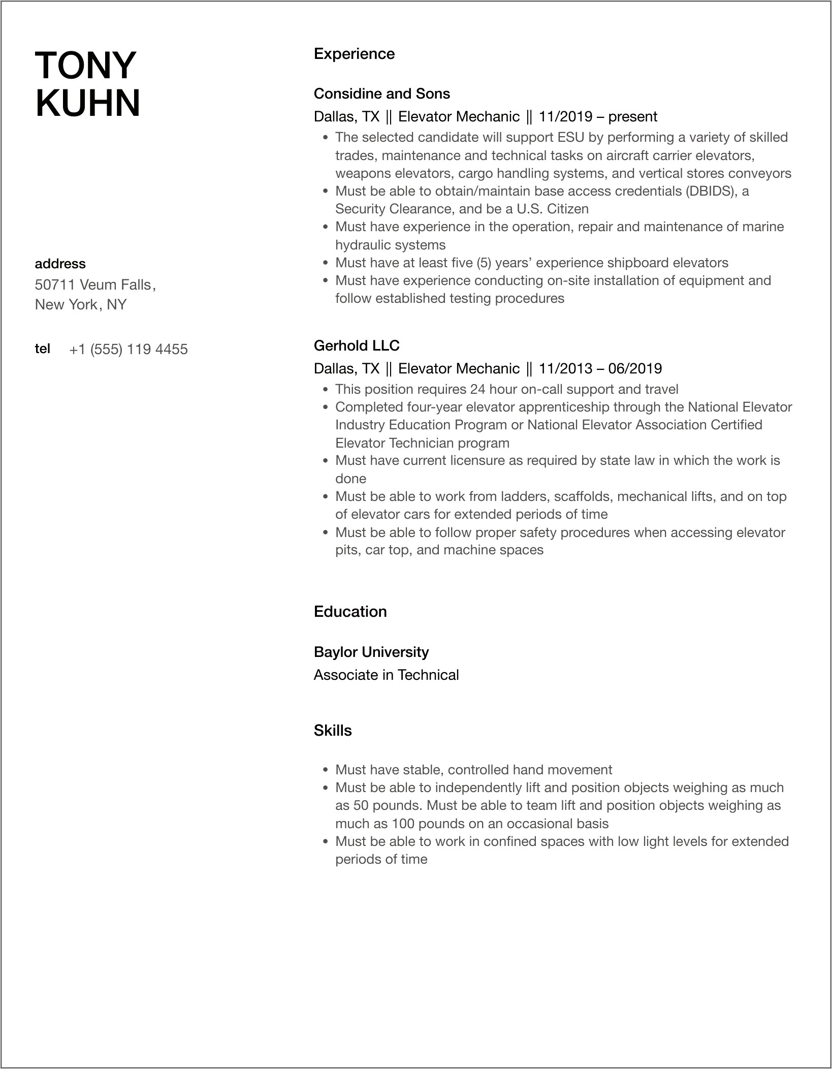 Elevator Technician Job Description Resume