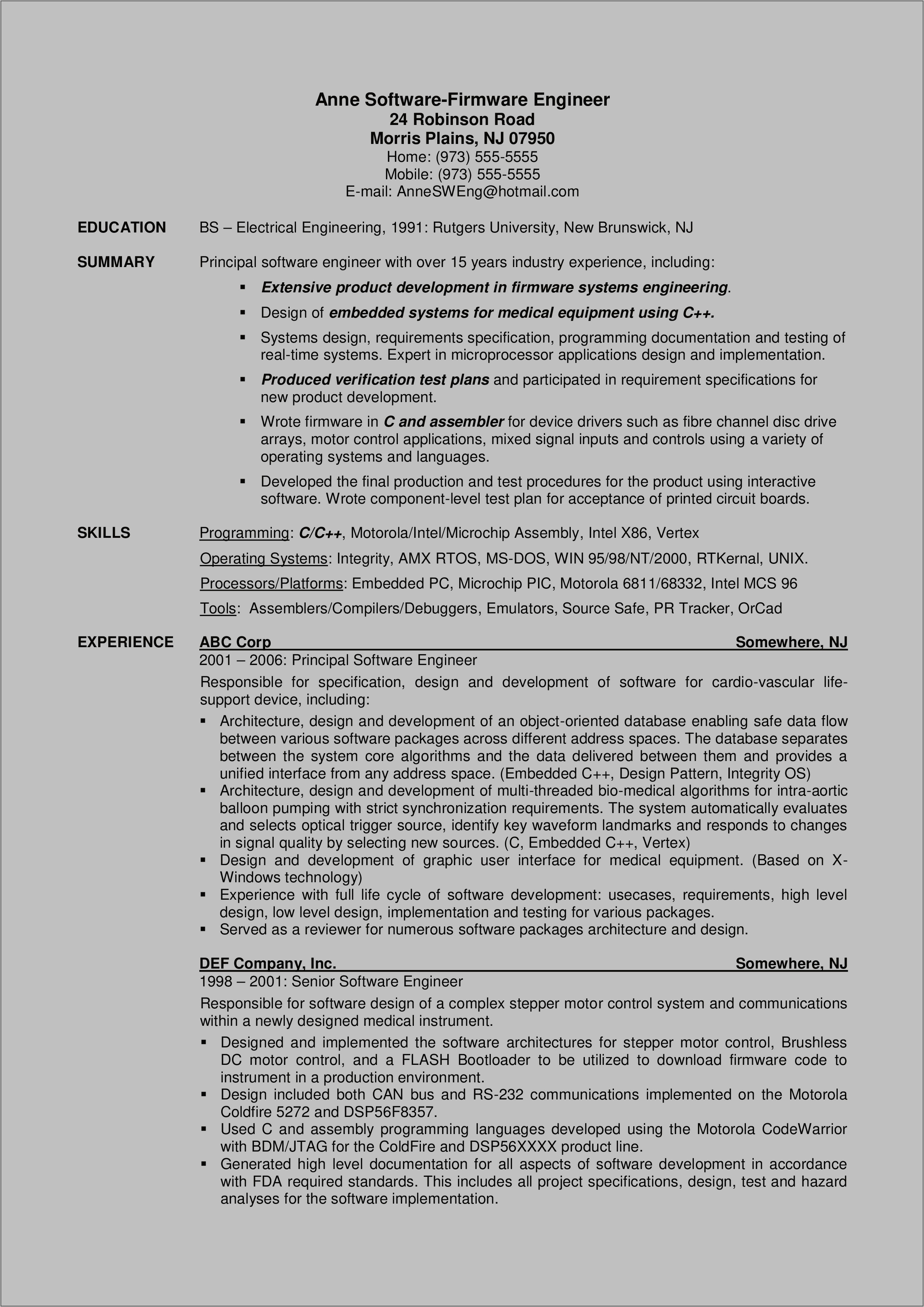 Embedded Software Engineer Resume Sample