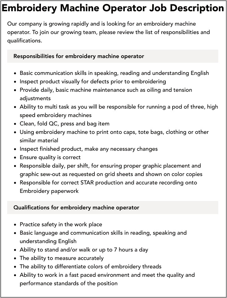 Embroidery Job Description For Resume