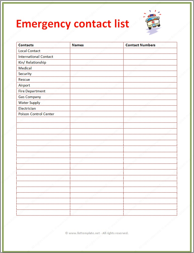 Emergency Contact List Excel Template Download