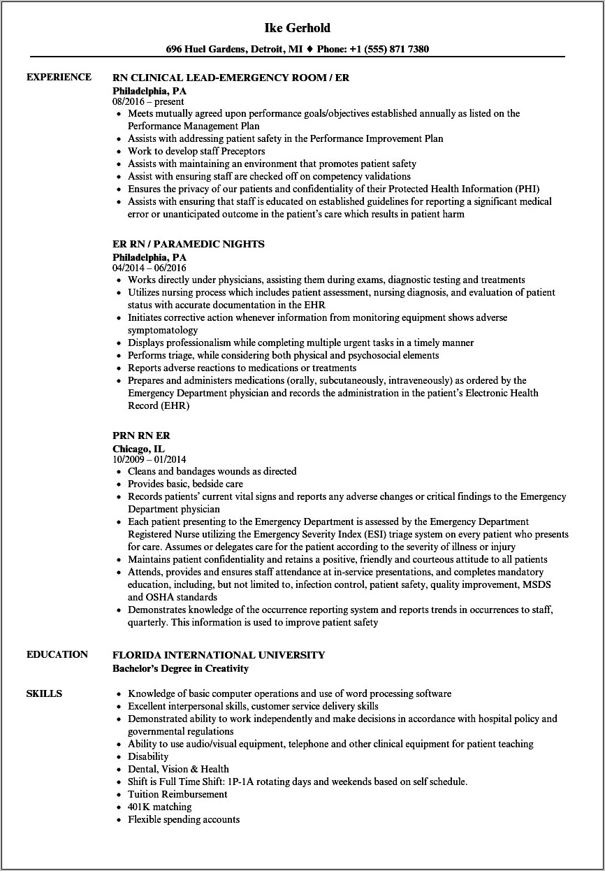 Emergency Department Resume Nurse Sample