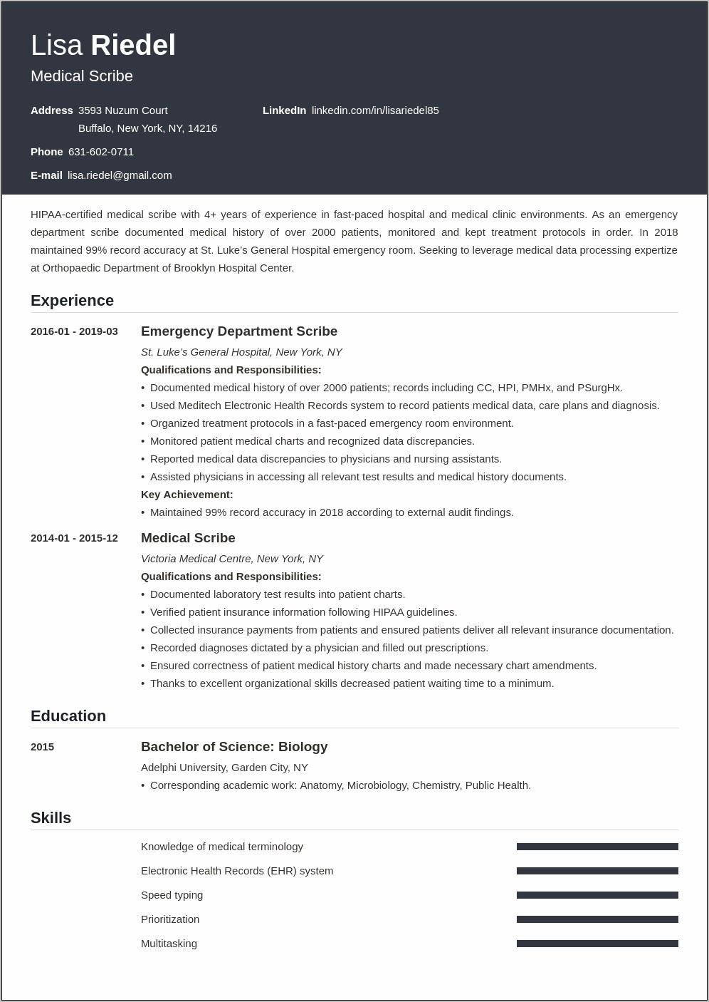 Emergency Room Scribe Job Resume