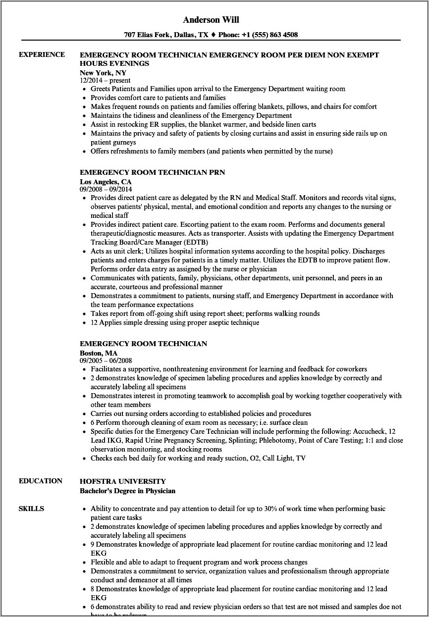 Emergency Room Tech Resume Objective