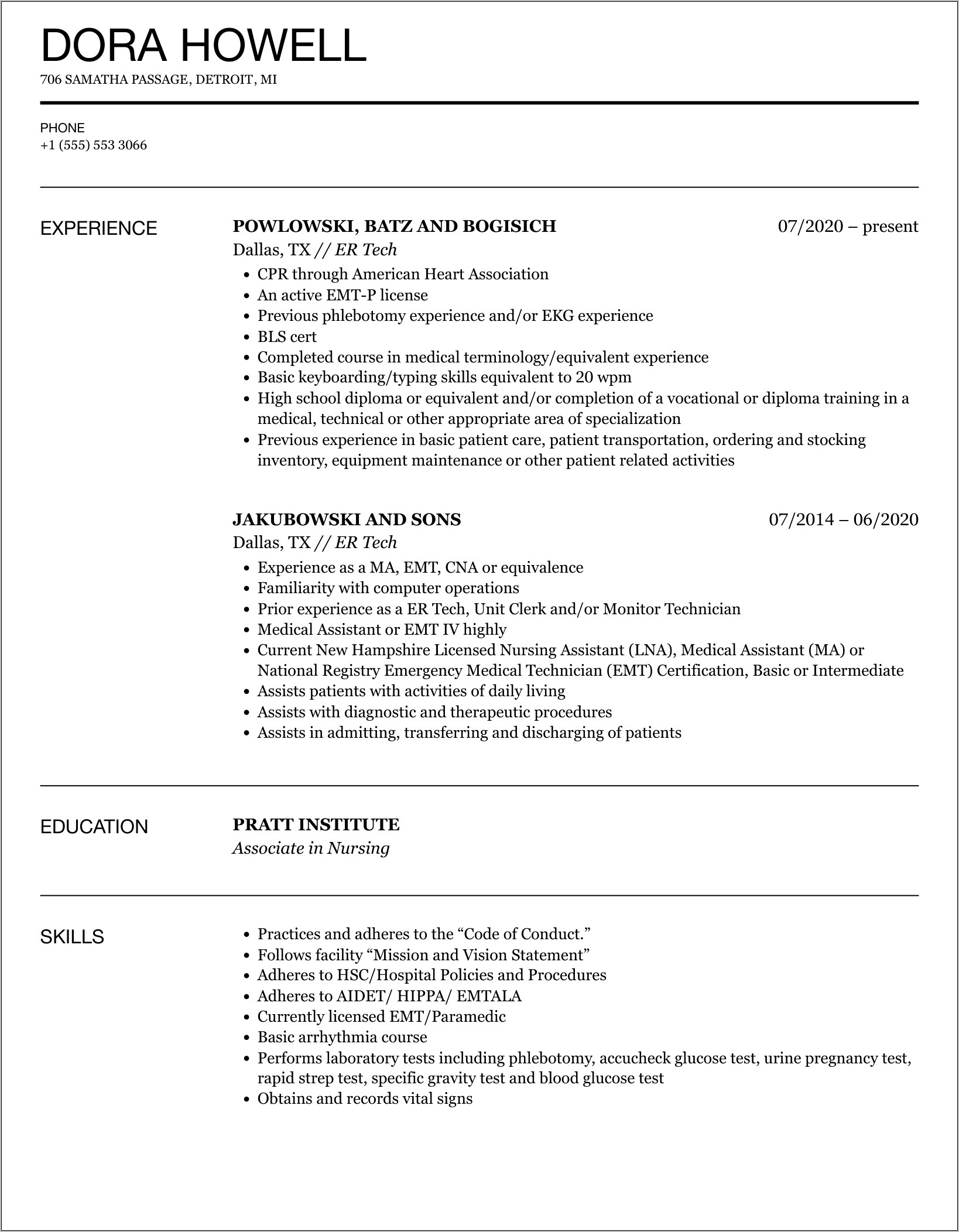 Emergency Room Tech Resume Samples