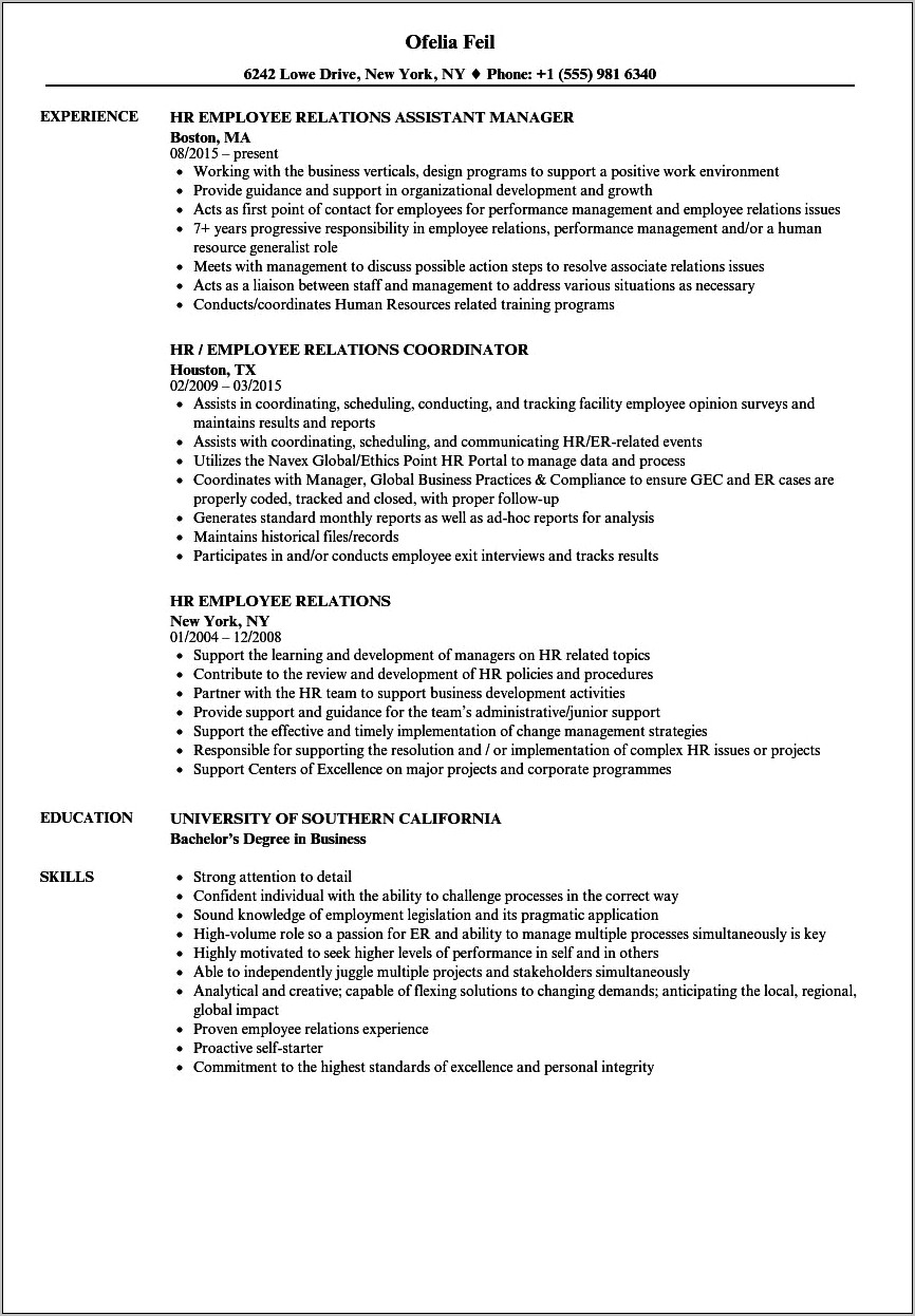 Employee Relations Job Description Resume