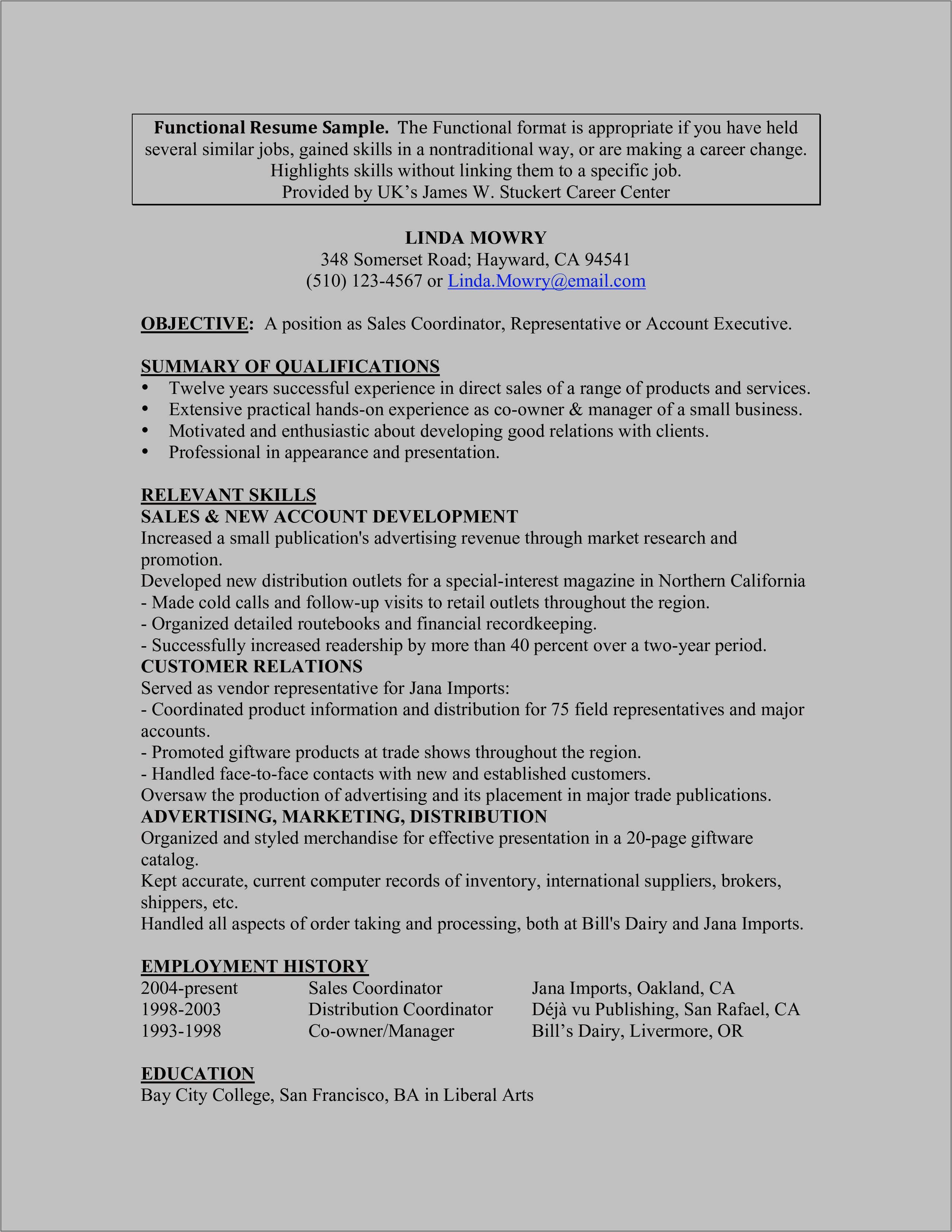 Engineering Sales Functional Resume Sample