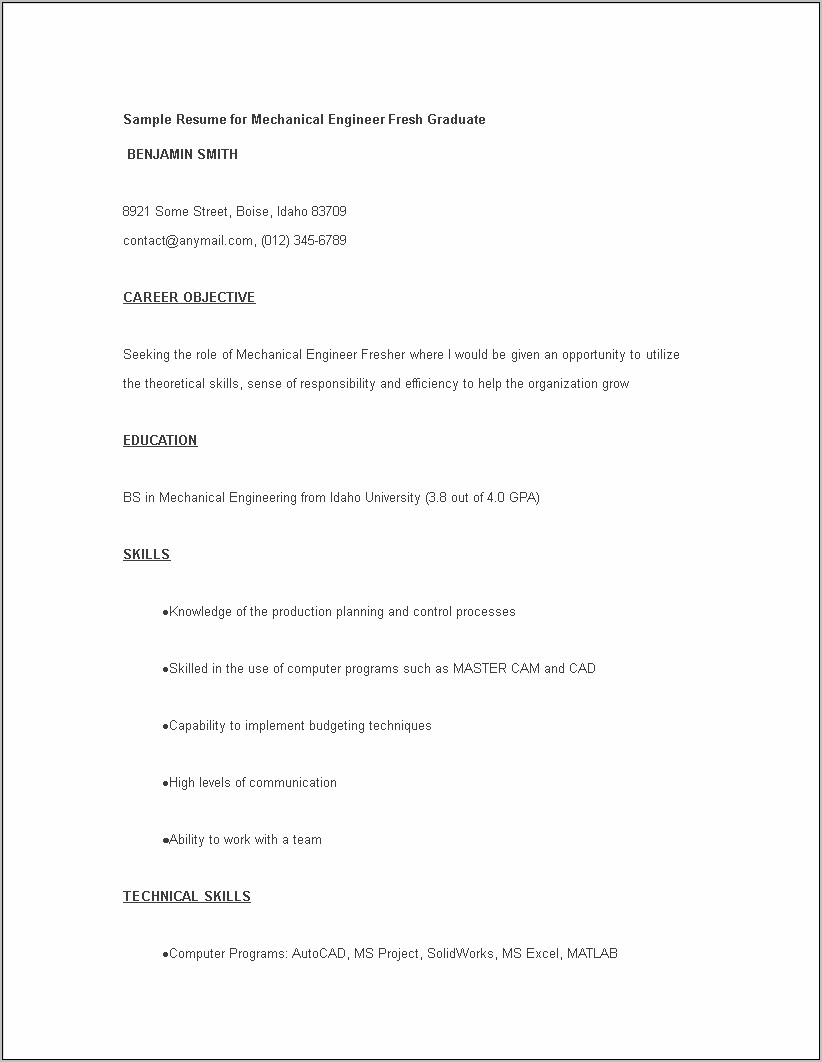 Engineering Sample Resume Mechanical Engeering