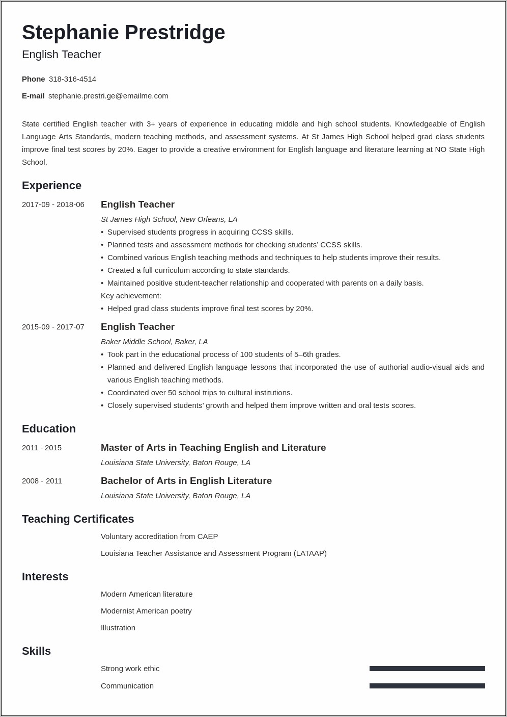 English Teacher Resume Cv Example