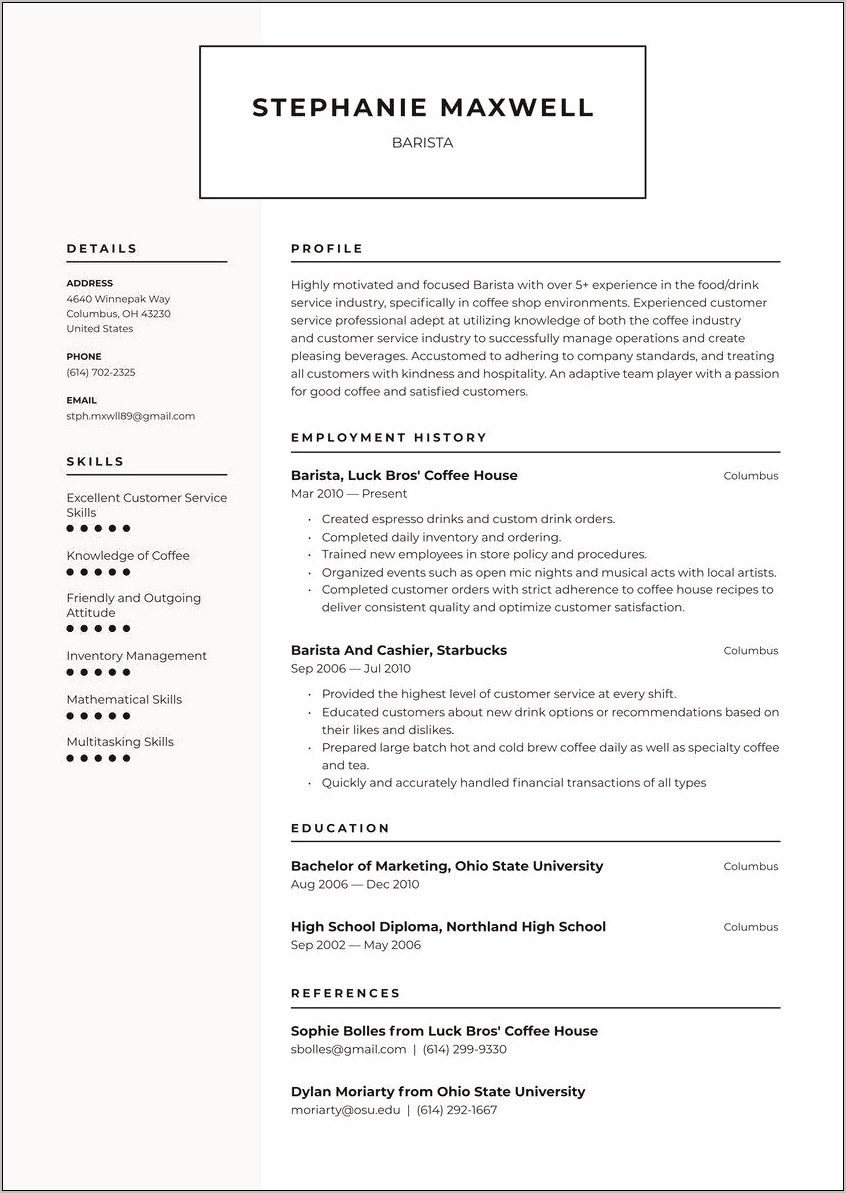 Entrance Level Barista Resumes Samples