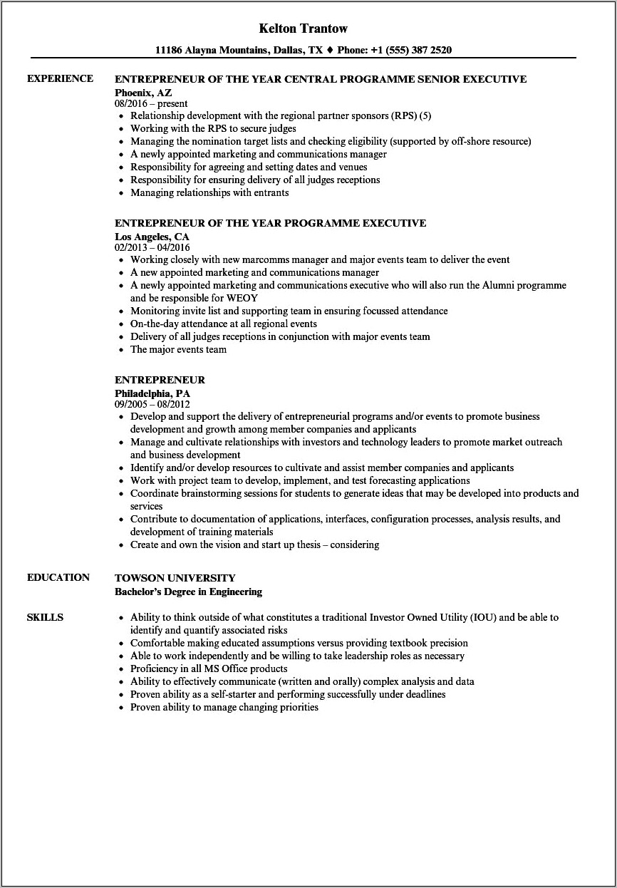 Entrepreneur Resume Example Monster.com