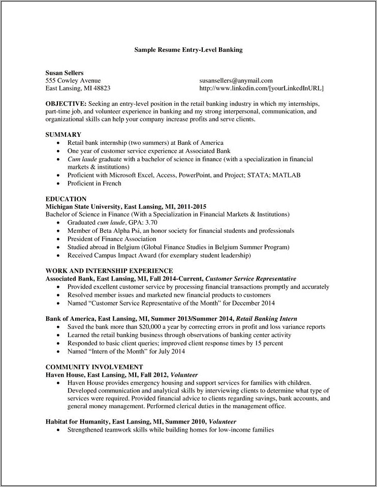 Entry Level Bank Jobs Resume