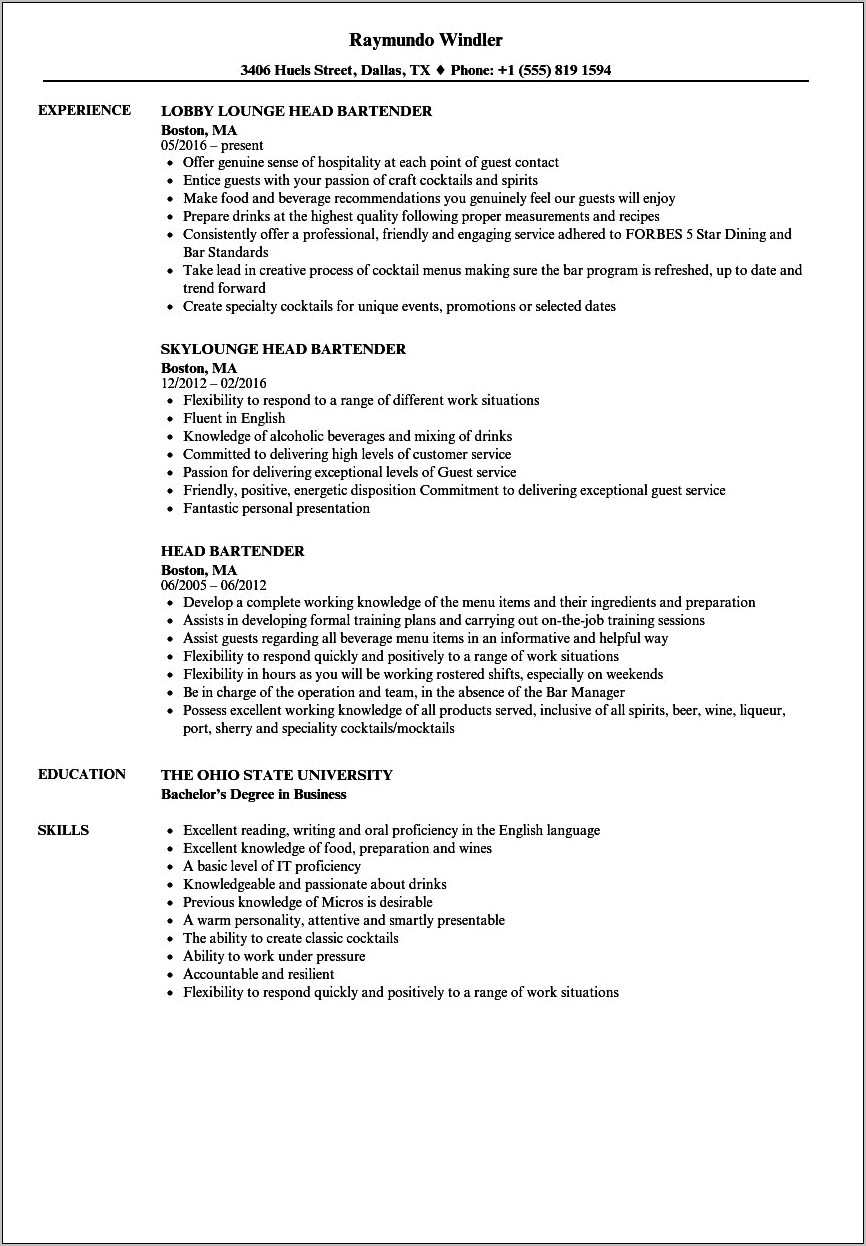 Entry Level Bartender Resume Objective