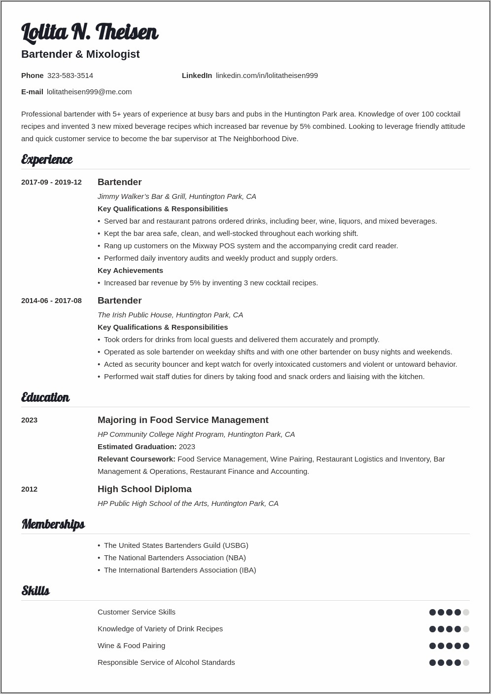 Entry Level Bartender Resume Sample