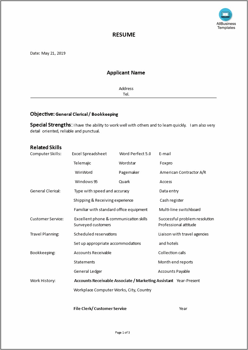 Entry Level Bookkeeper Resume Sample