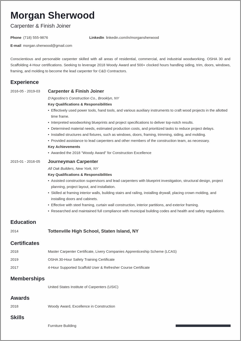 Entry Level Carpenter Resume Examples