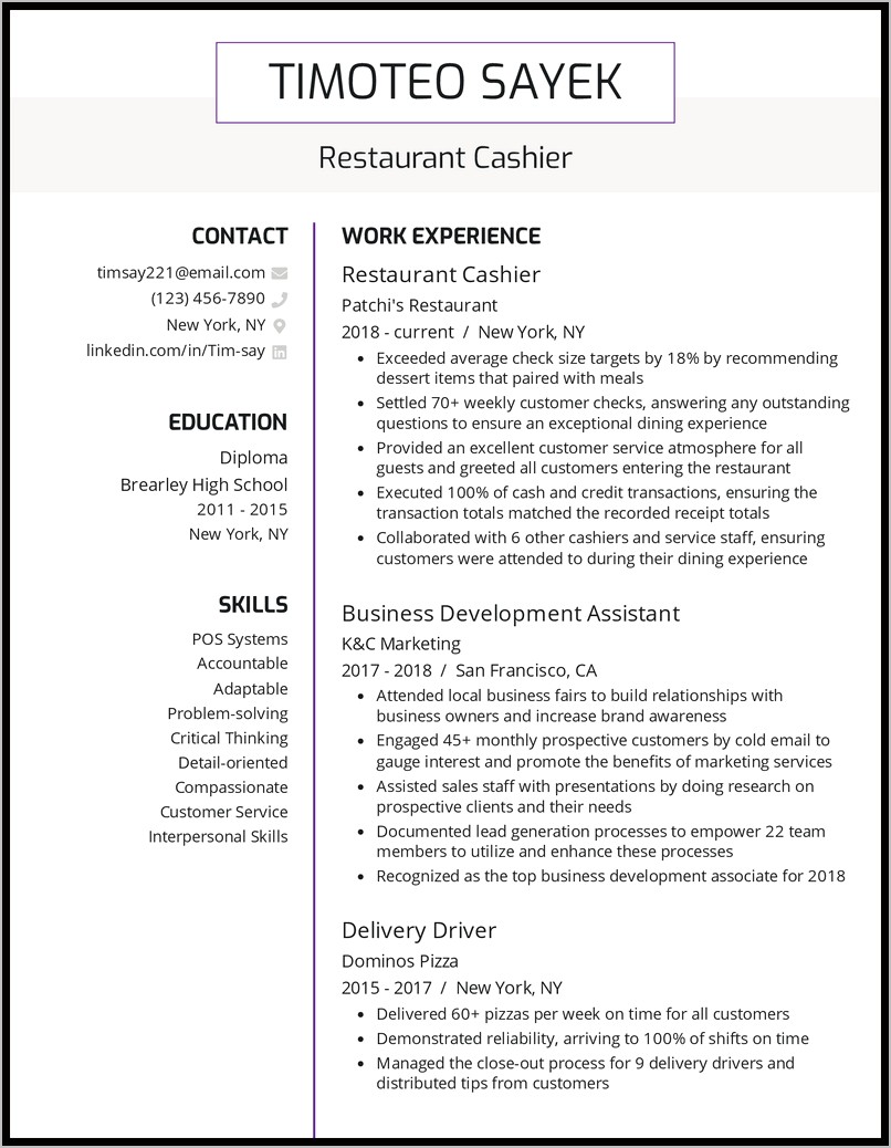 Entry Level Cashier Resume Examples