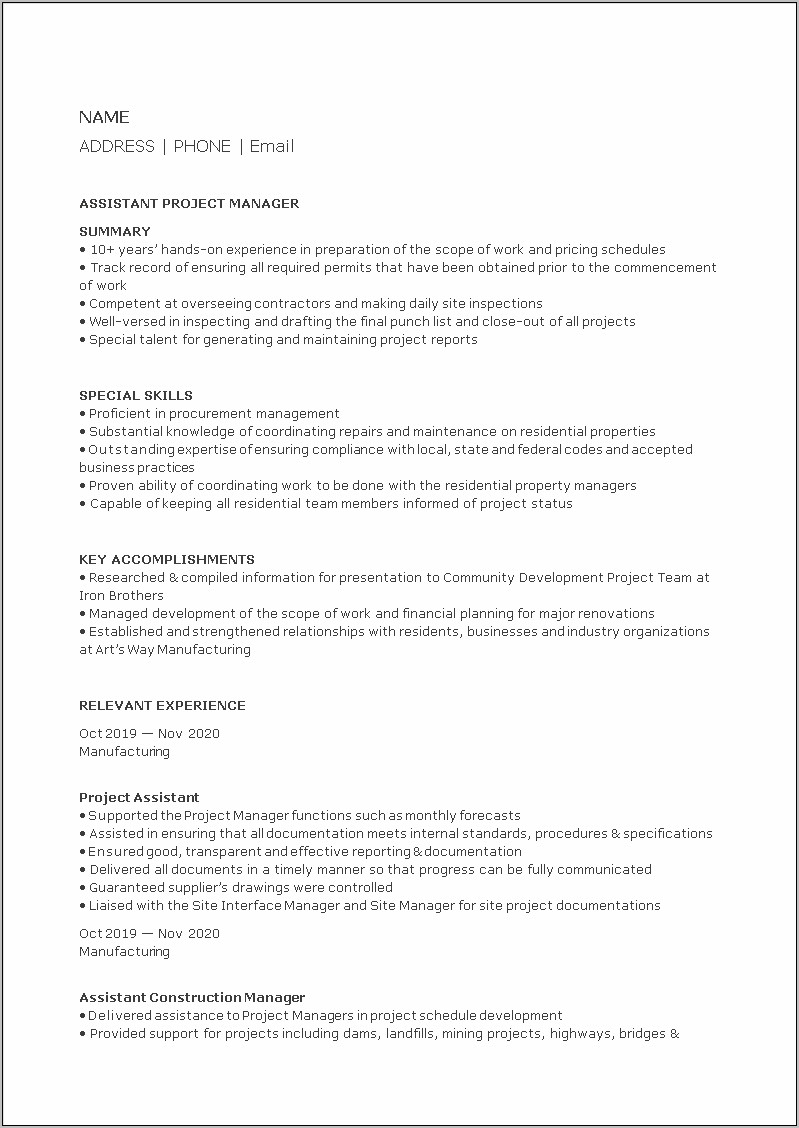 Entry Level Construction Management Resume