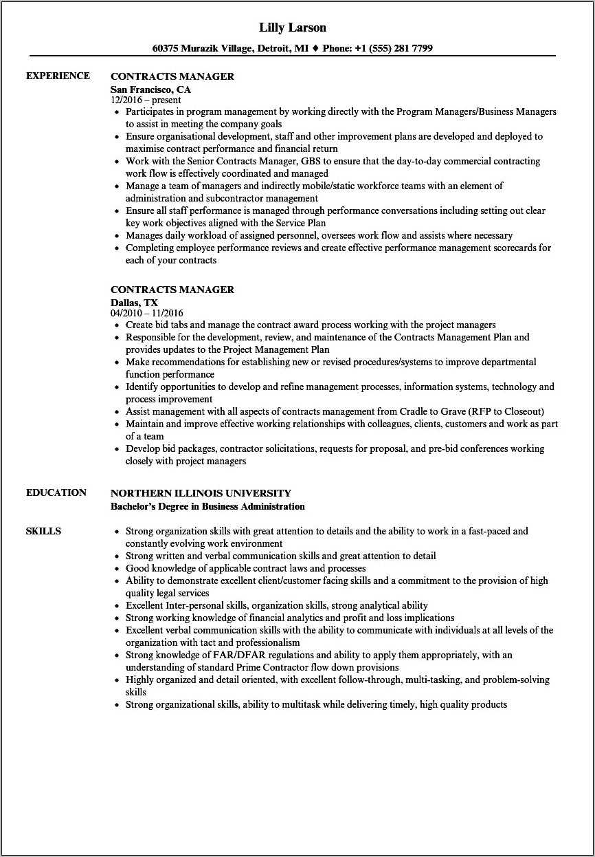 Entry Level Contract Manager Resume