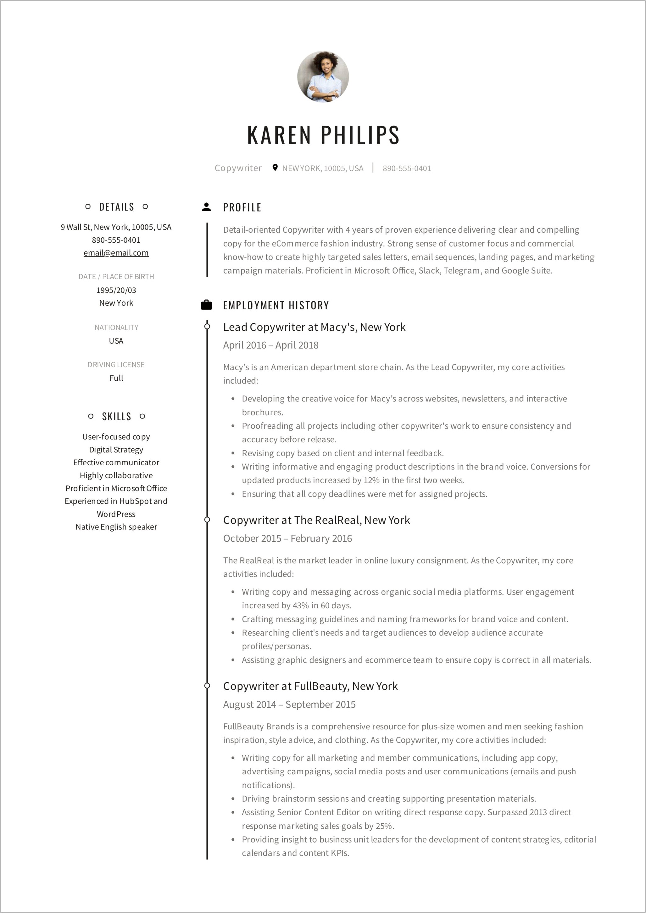 Entry Level Copywriter Resume Sample