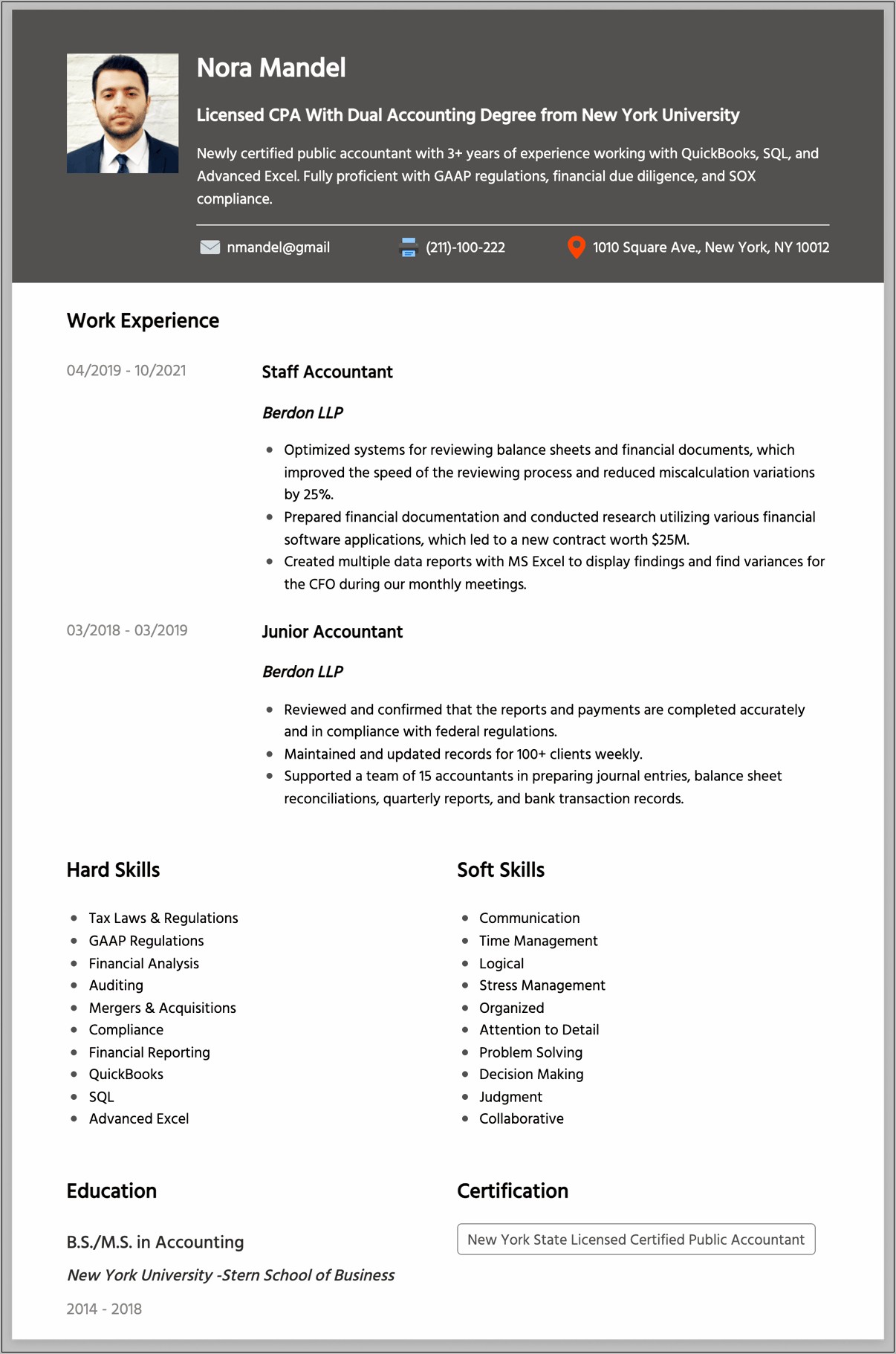 Entry Level Cpa Resume Examples