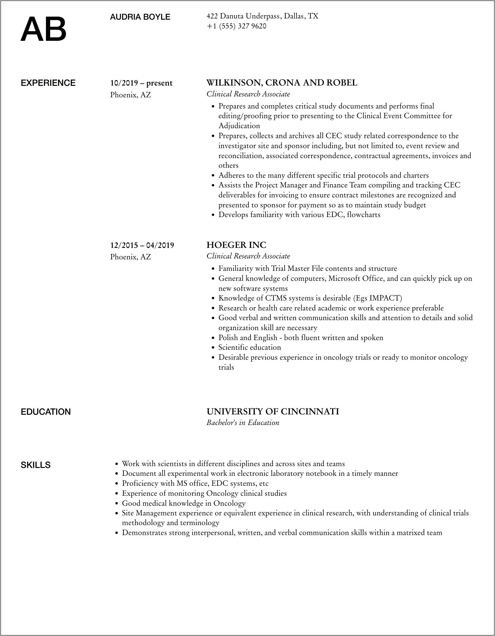 Entry Level Cra Resume Sample