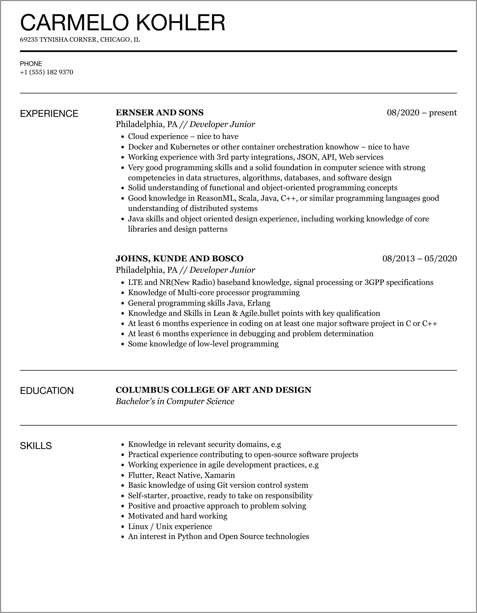 Entry Level Developeropers Sample Resume