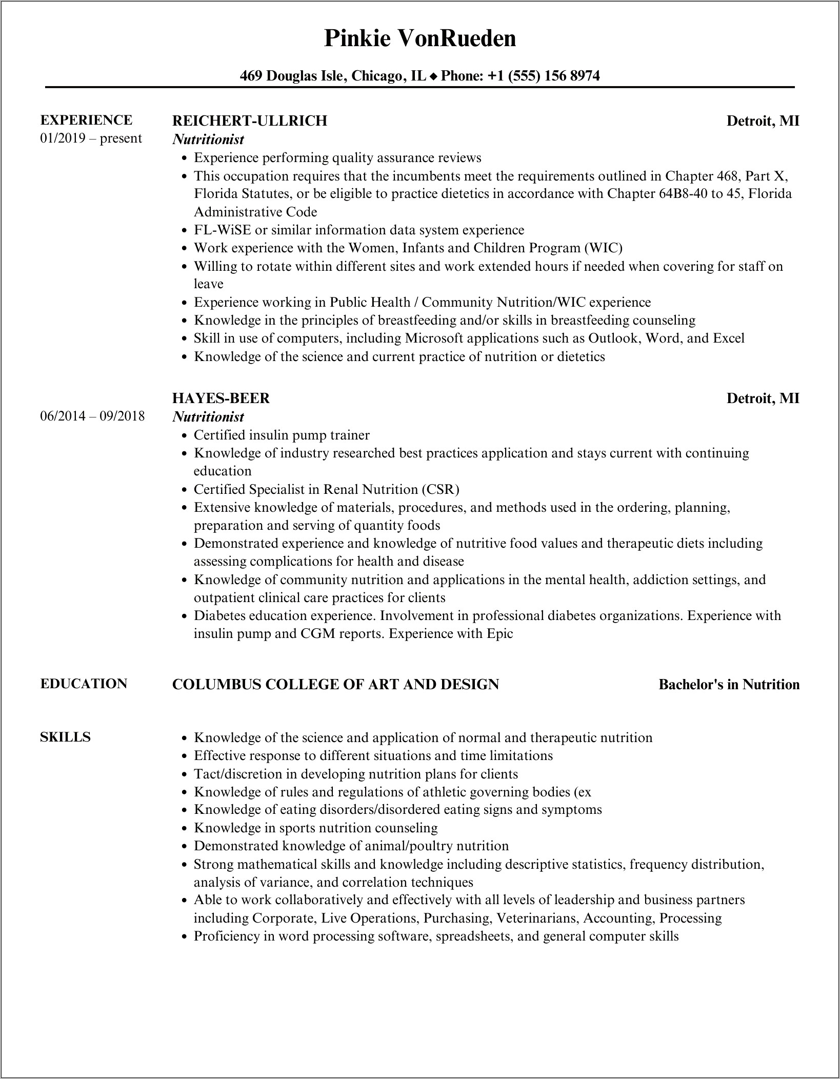 Entry Level Dietitian Resume Objectives