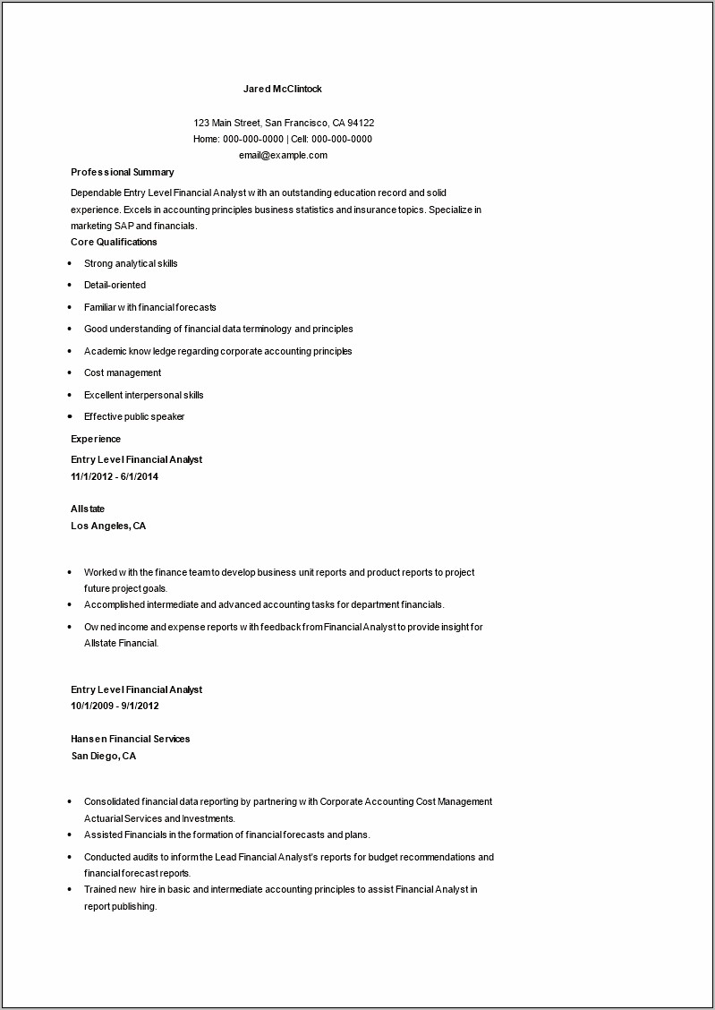 Entry Level Finance Resume Objectives