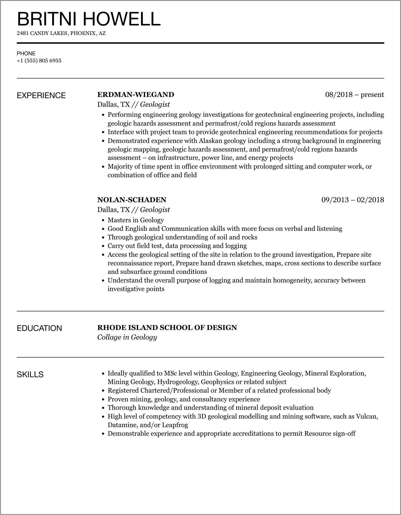 Entry Level Geology Resume Examples