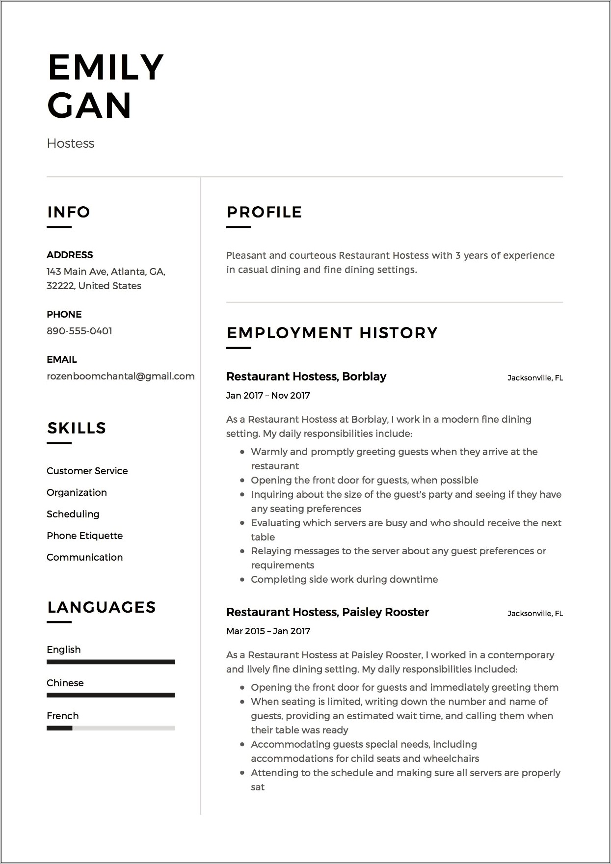 Entry Level Hostess Resume Examples