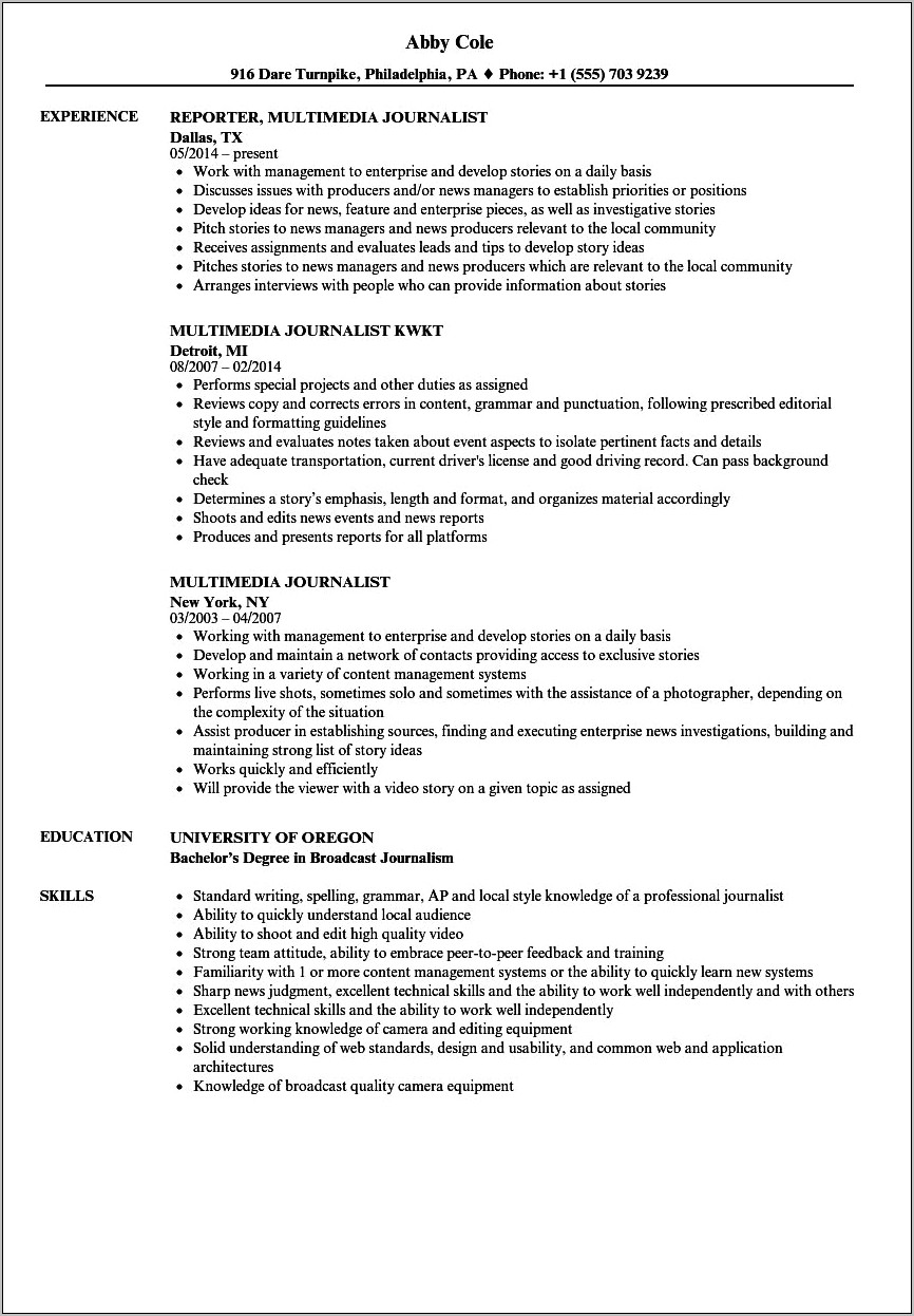 Entry Level Journalism Resume Examples