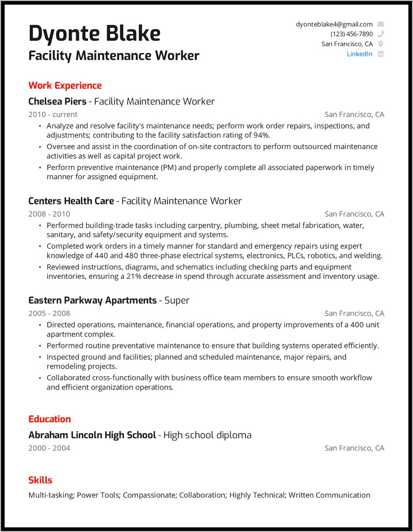 Entry Level Maintenance Resume Sample