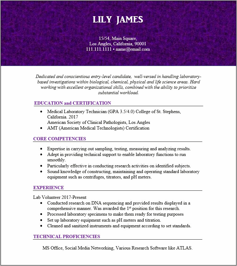 Entry Level Microbiologist Resume Example