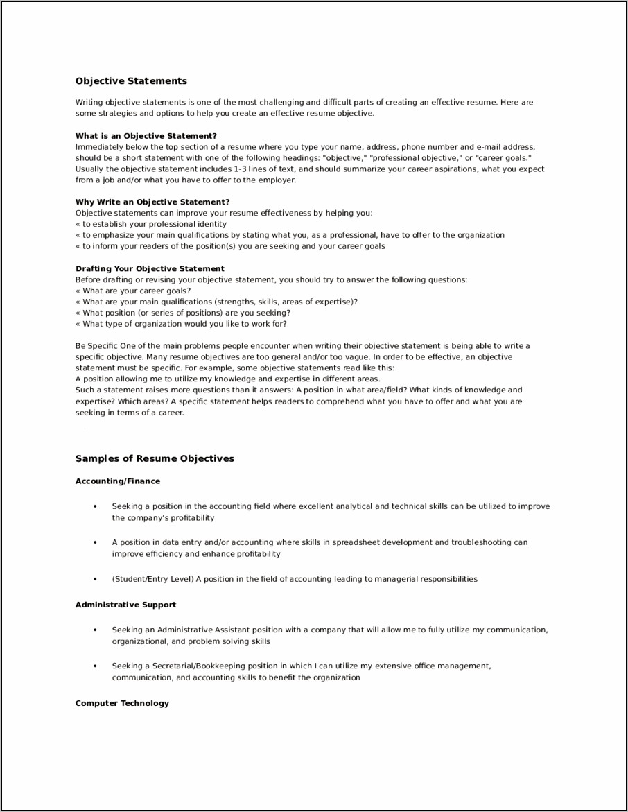 Entry Level Objections For Resume