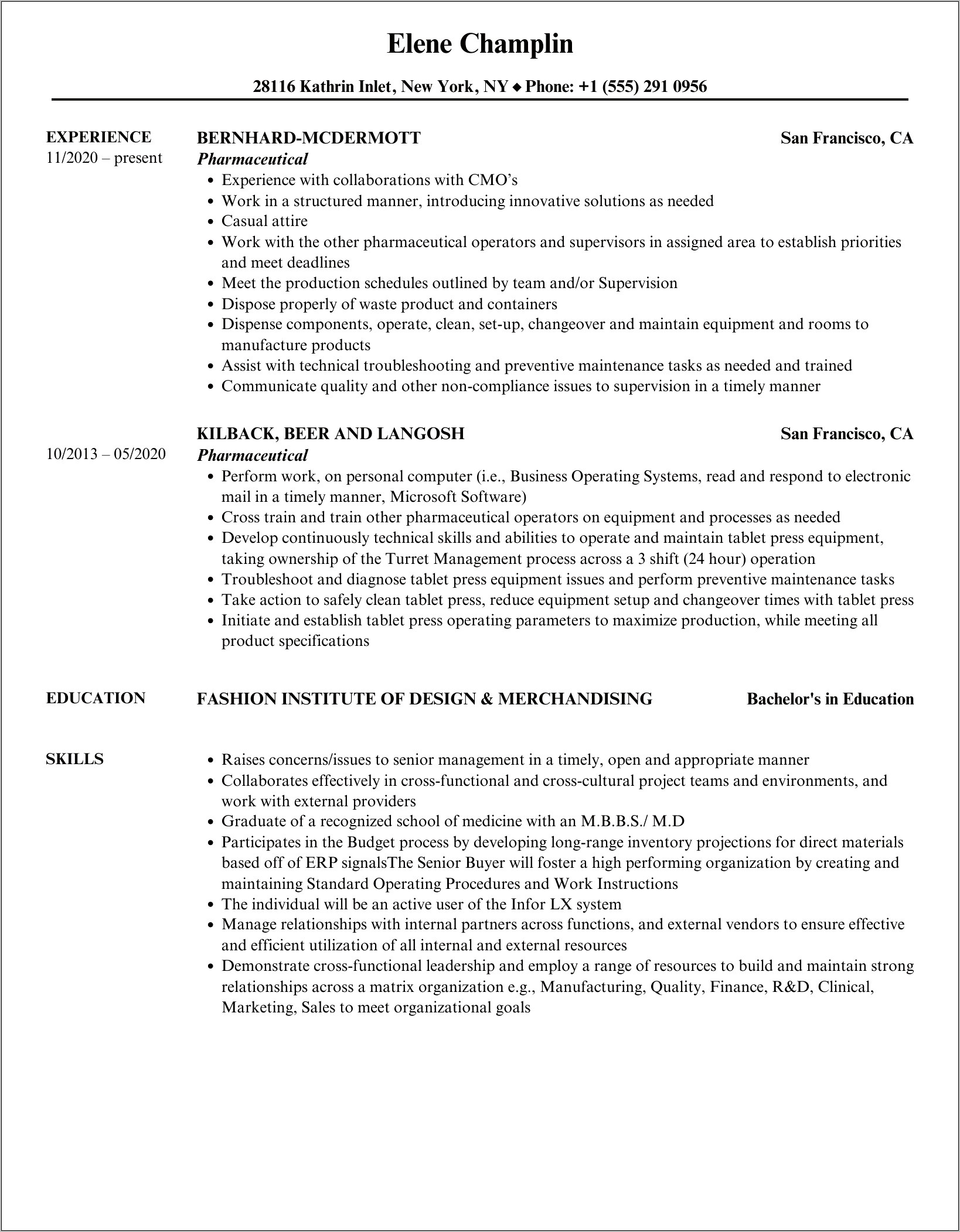 Entry Level Pharmaceutical Resume Samples