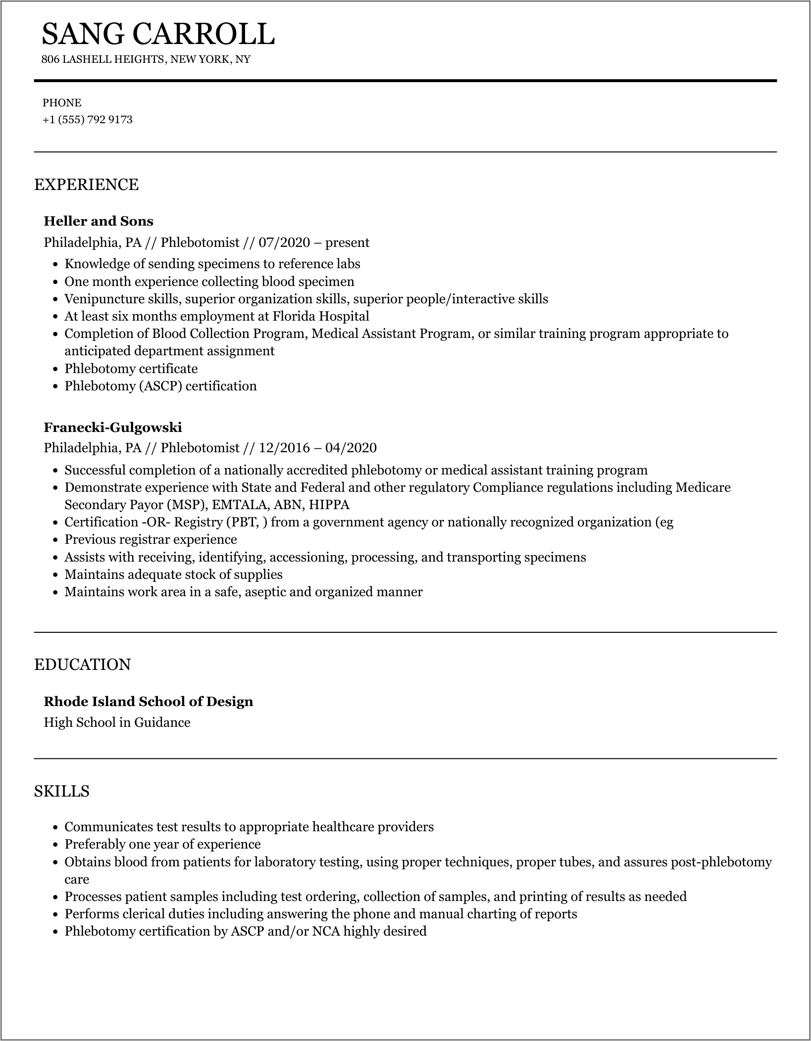 Entry Level Phlebotomy Resume Samples