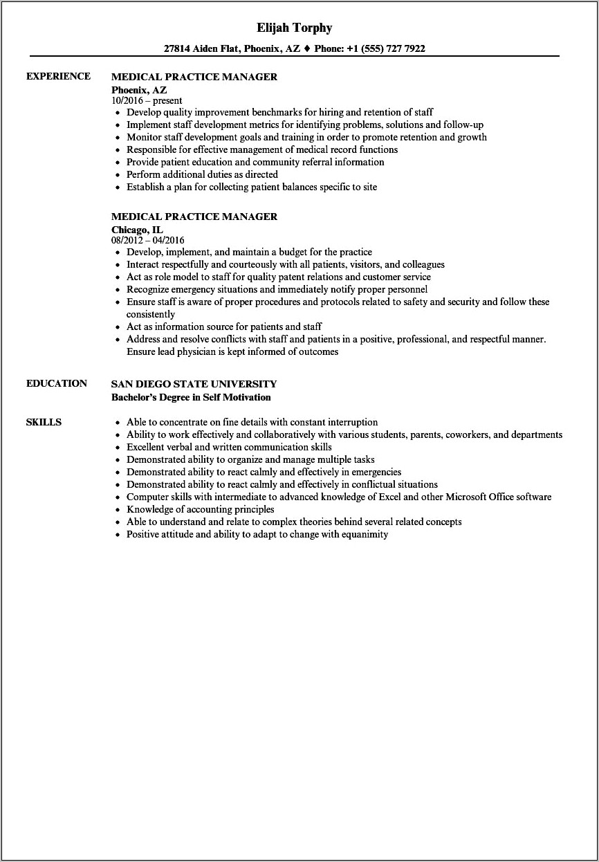 Entry Level Practice Manager Resume