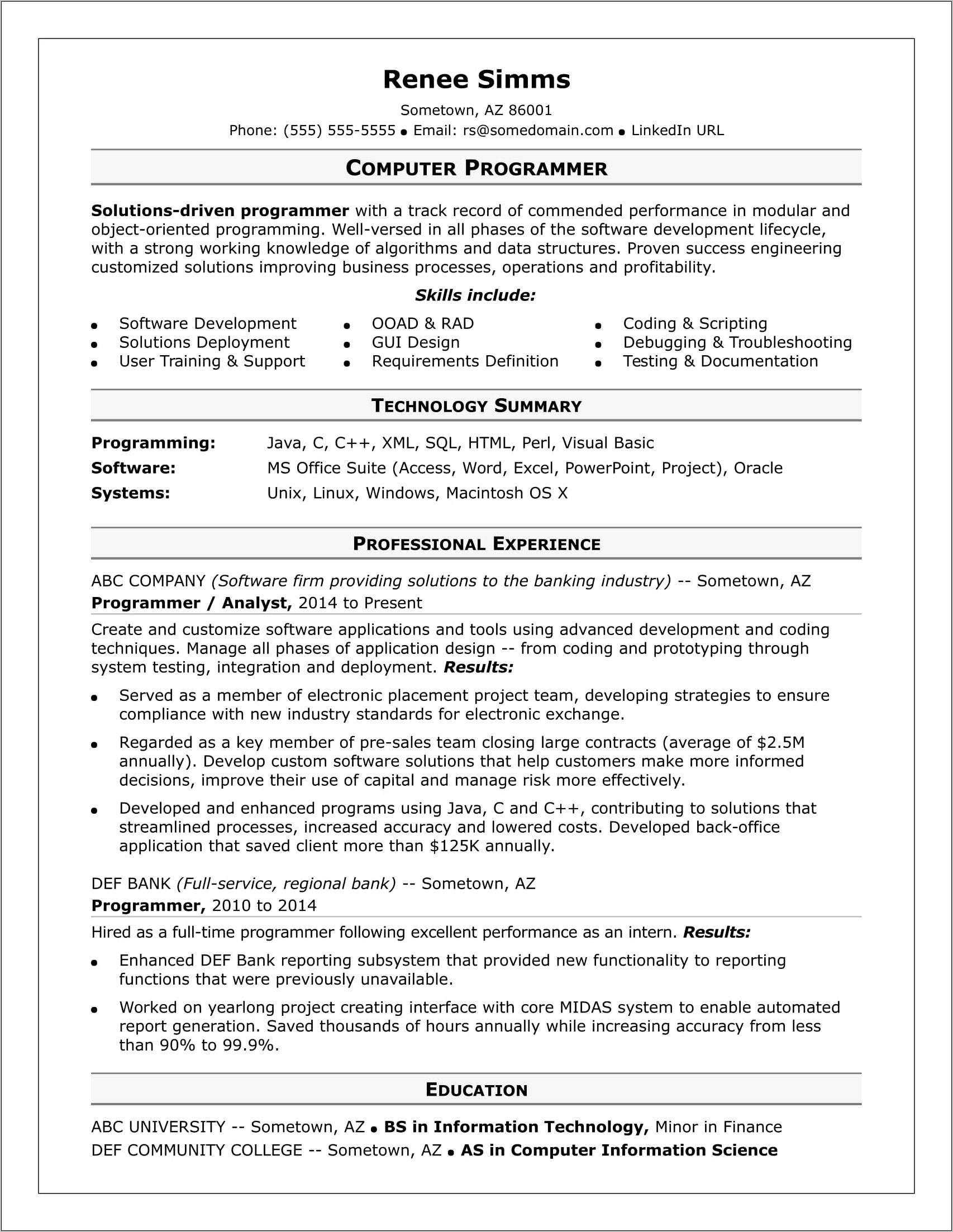 Entry Level Programmer Resume Examples