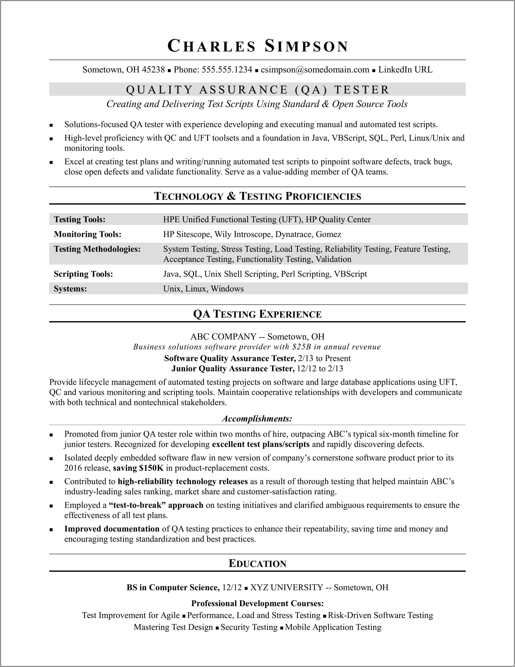 Entry Level Qa Job Resume