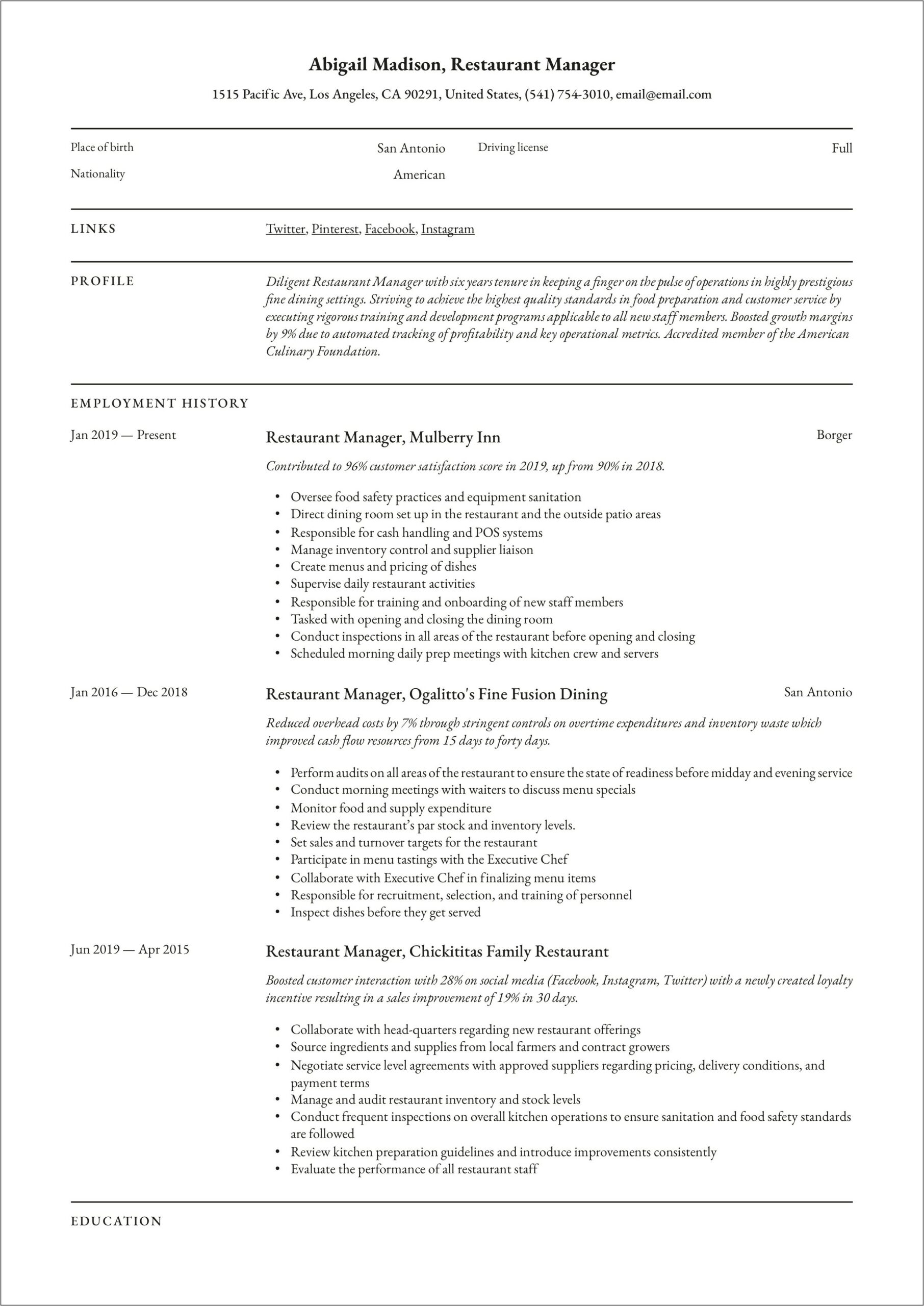 Entry Level Restaurant Manager Resume