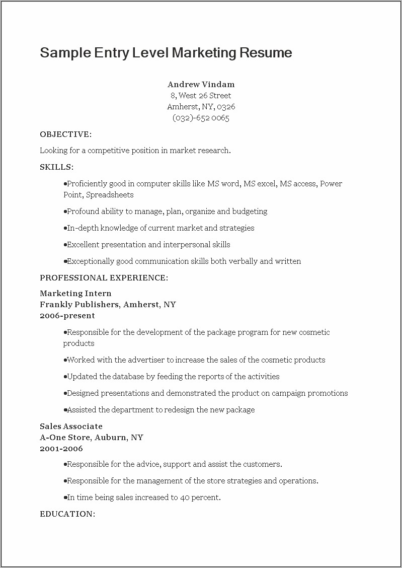 Entry Level Resume Skills Example