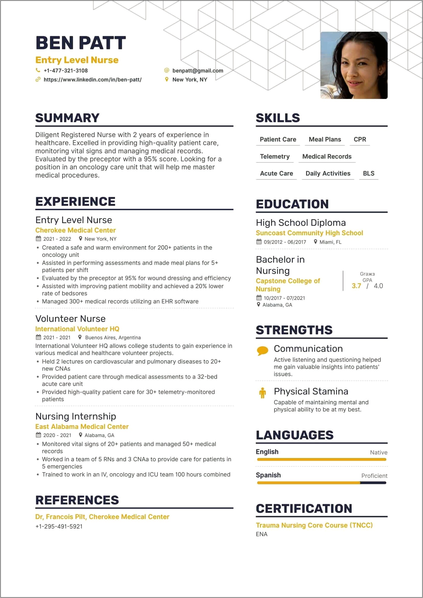 Entry Level Sample Nursing Resume