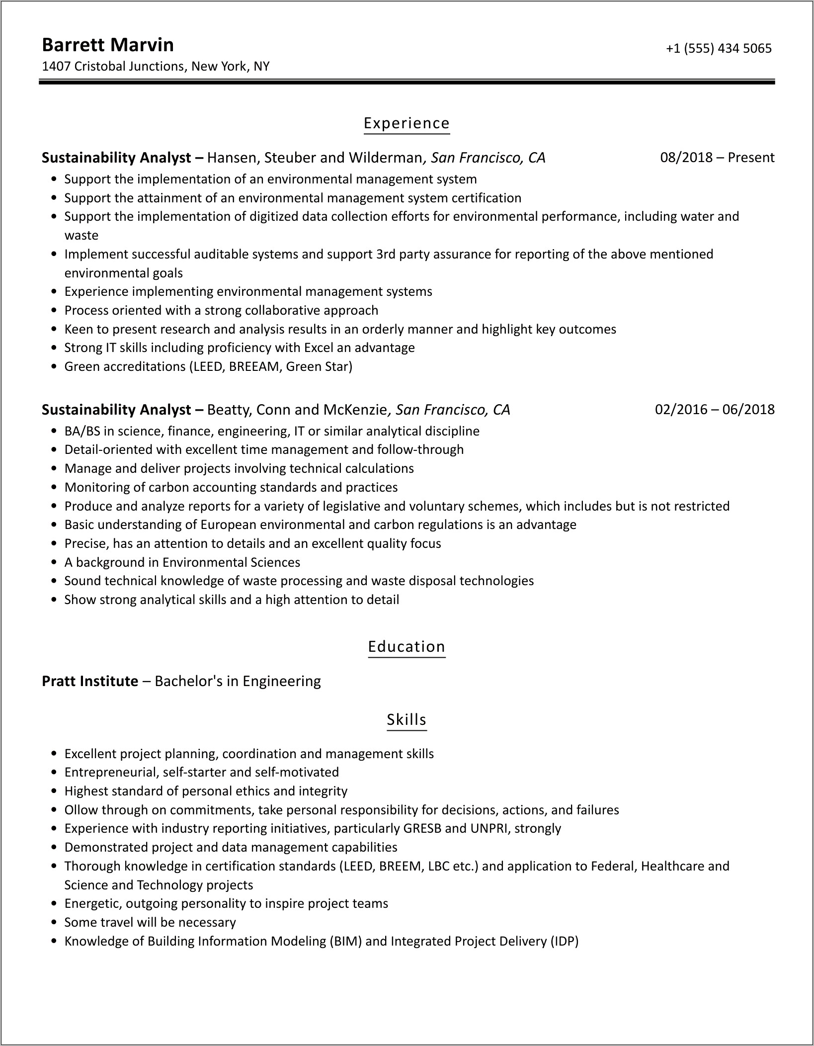 Entry Level Sustainability Resume Sample