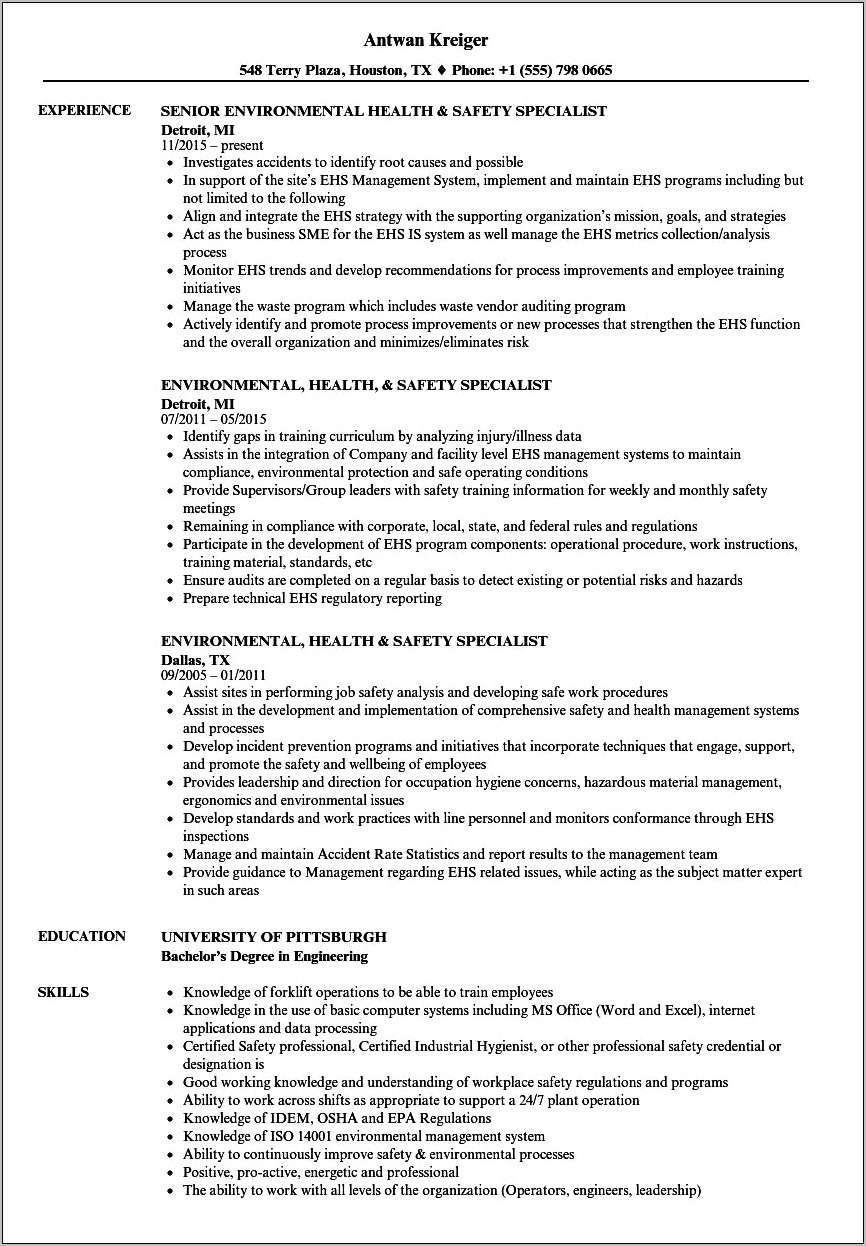 Environmental Health Specialist Resume Examples