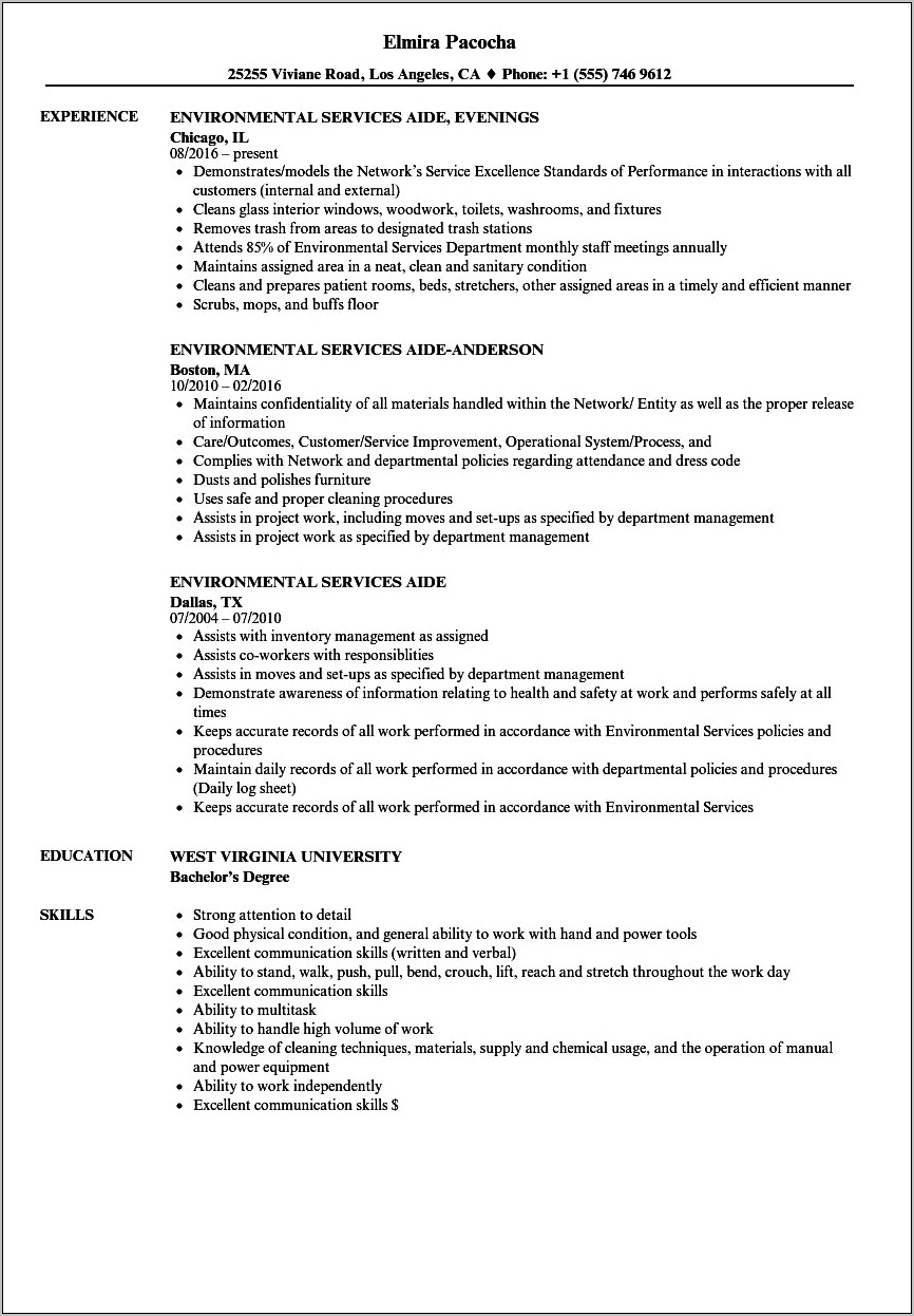 Environmental Service Resume Objective Examples