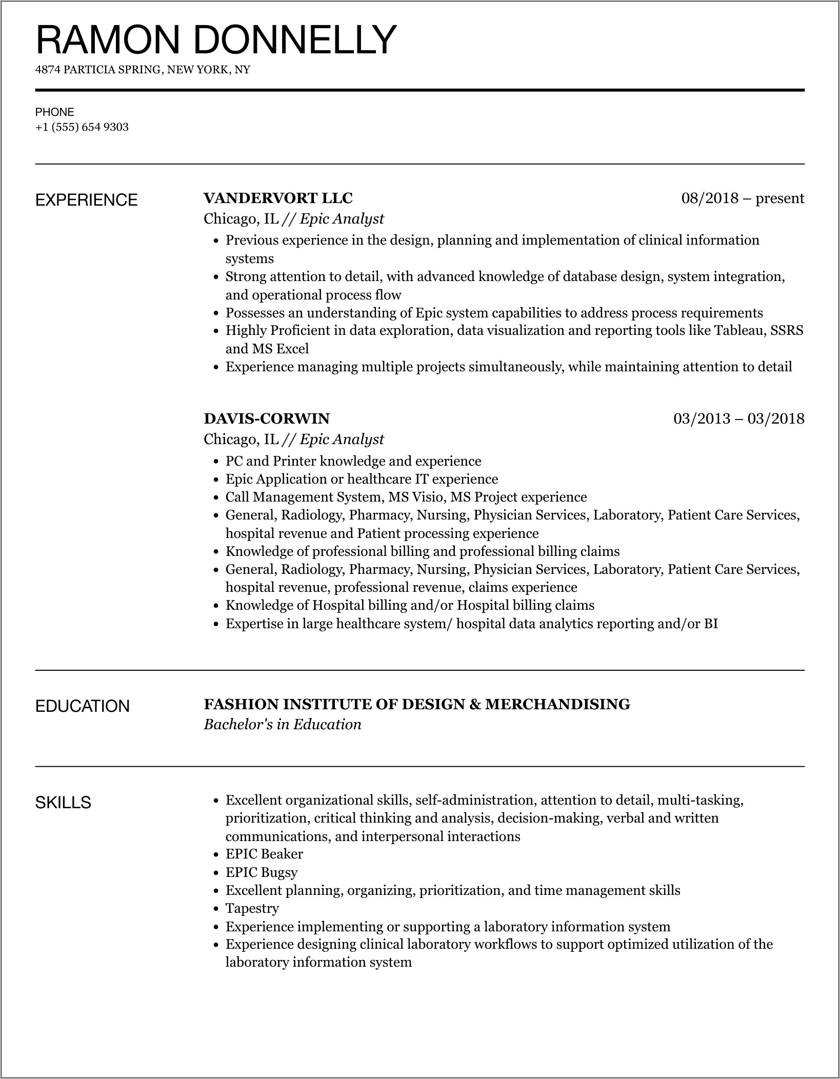 Epic Ambulatory Analyst Sample Resume