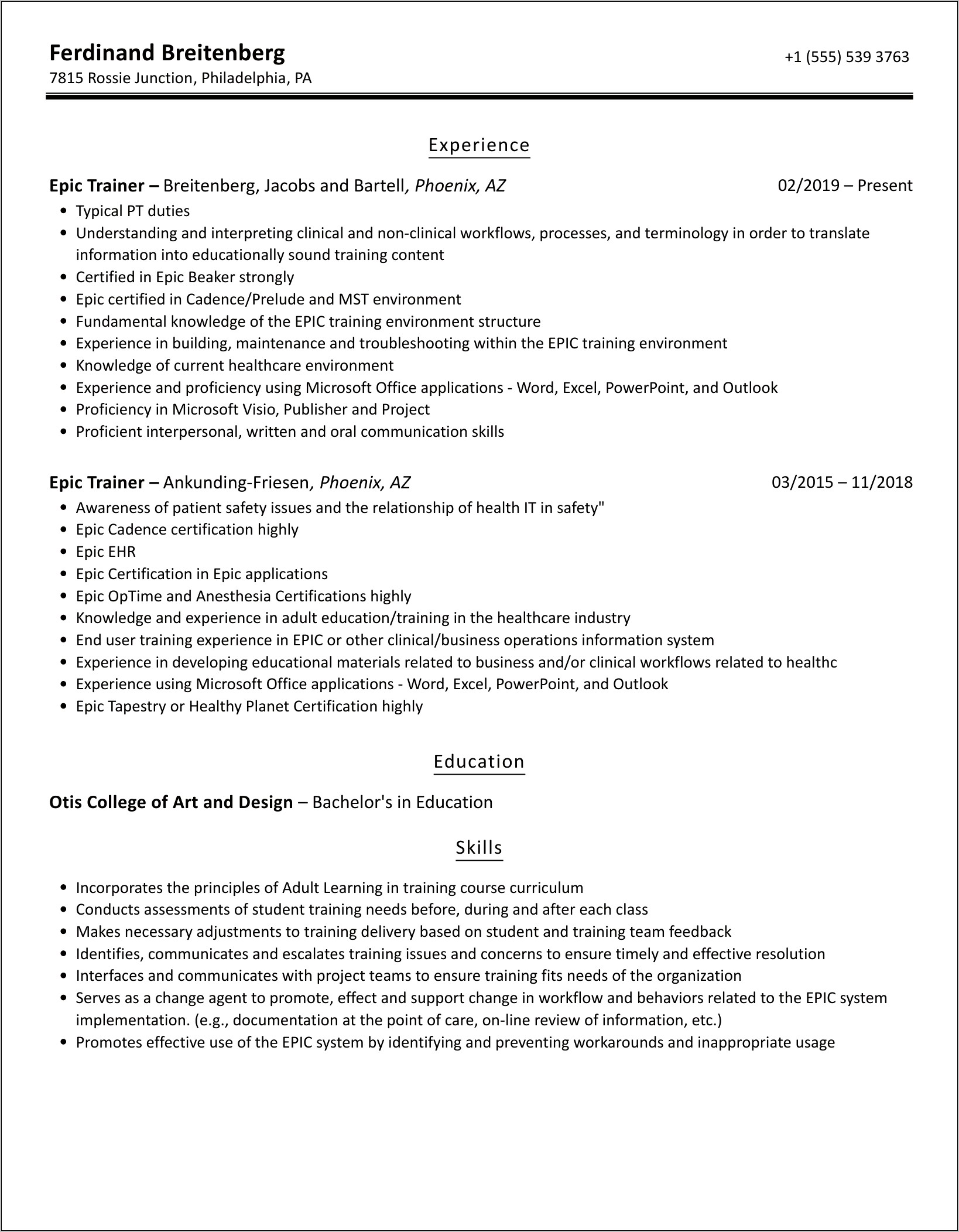 Epic Credentialed Trainer Resume Sample