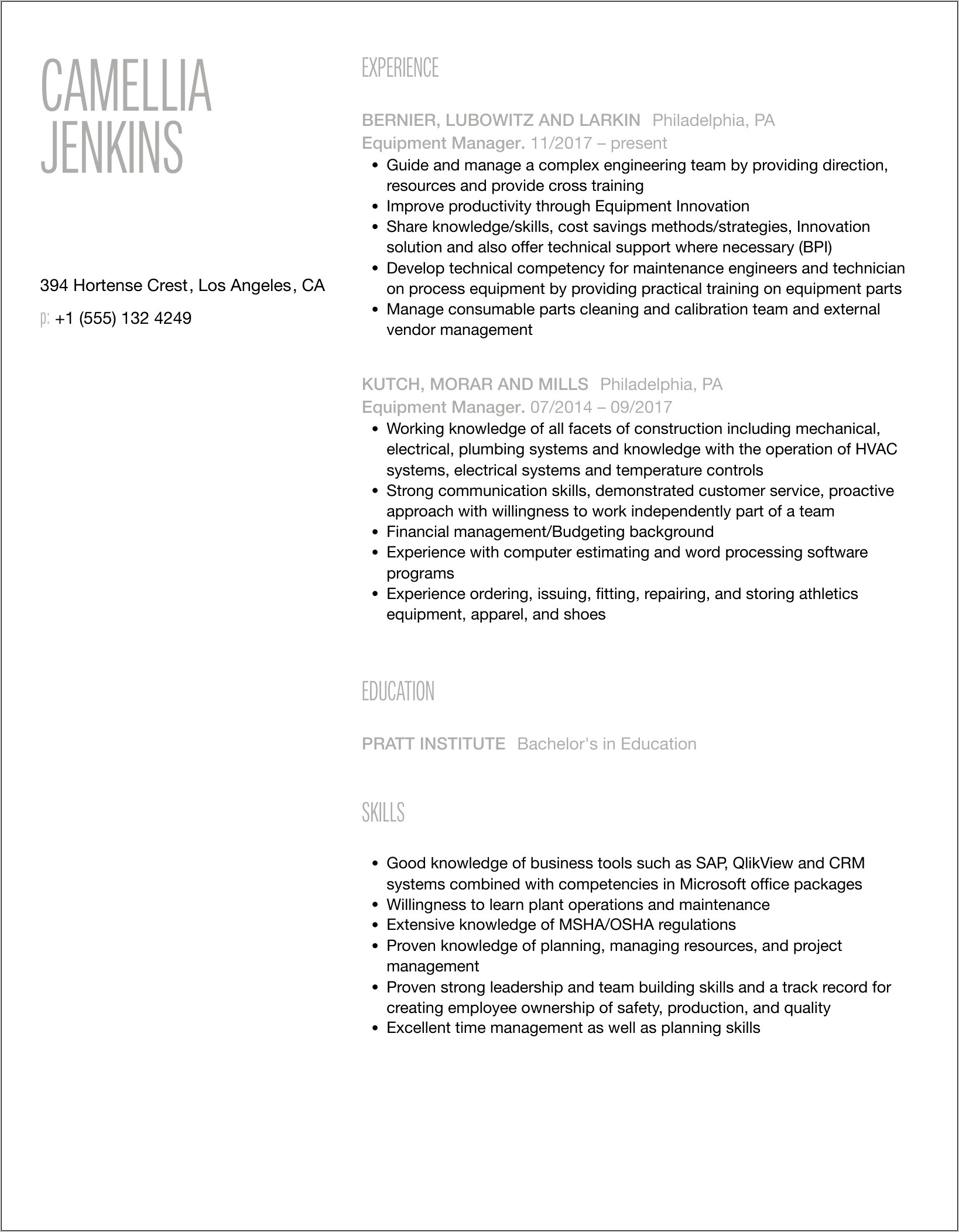 Equipment Rental Manager Resume Objective