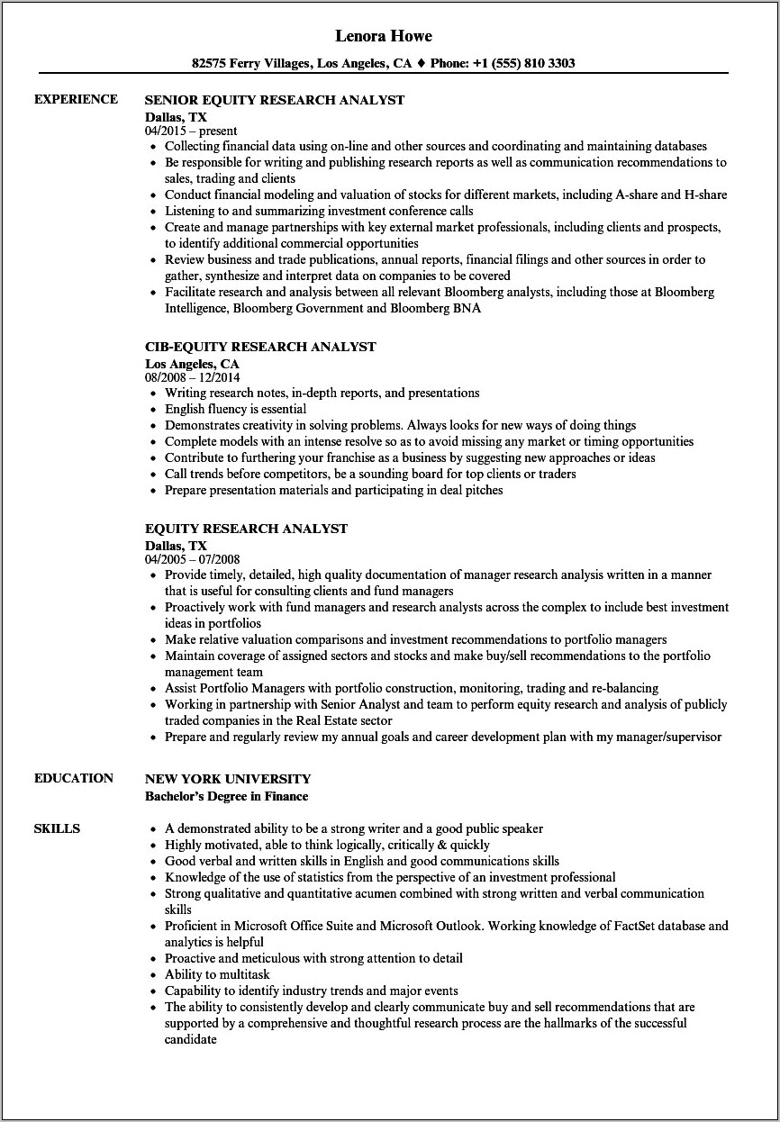 Equity Research Associate Resume Example